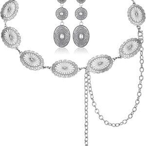 Western Concho Belt Cowgirl Earrings Set for Women Cowgirl Waist Chain Belts Boh